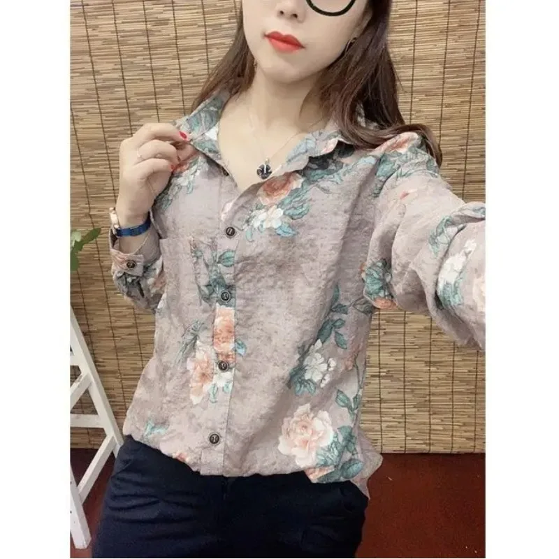 Zomer Dames 2024 Nieuwe Blouses Patchwork Turndown Kraag Met Knoop Print Pocket Mode Slim Fit Veelzijdige Shirts Met Lange Mouwen