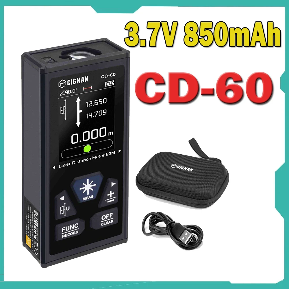 CIGMAN CD-60 Bilateral Laser Distance Meter 393ft/120M Bilateral Measurement with M/in/Ft Multiple Units Type-C Rechargeable