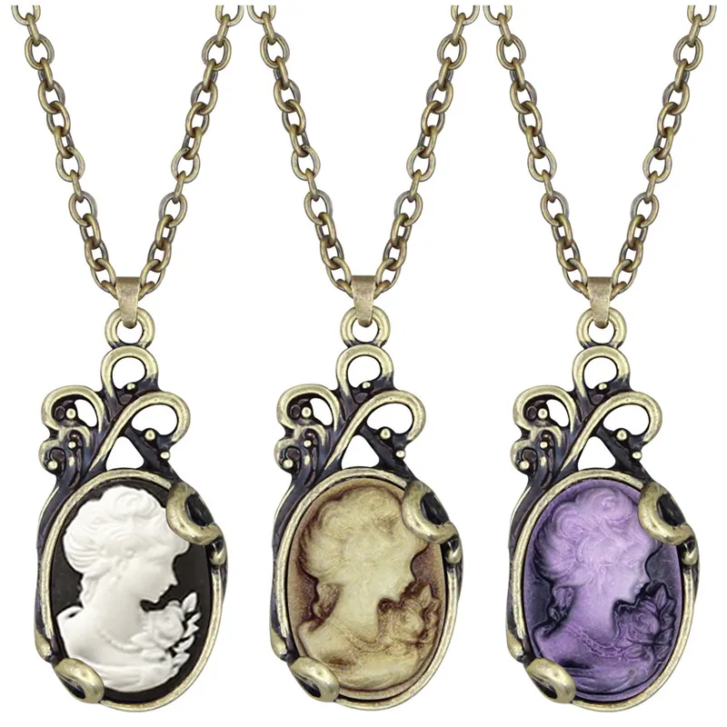 Vintage Filigree Swirl Top Lady Queen Cameo Necklace For Women Antique Bronze Plated Victoria Pendant Fashion Jewelry