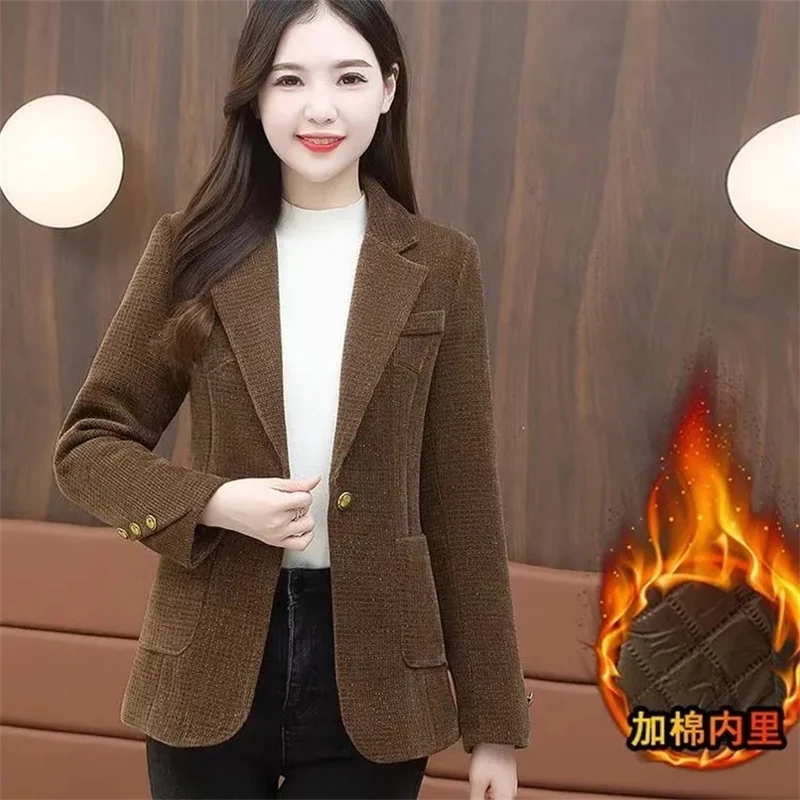 Dark Gray Thickened Suit Coat Women's Wool Coat 2025 Autumn Winter One Button Fashion Long Sleeve Woolen Suit Coat Female Blazer