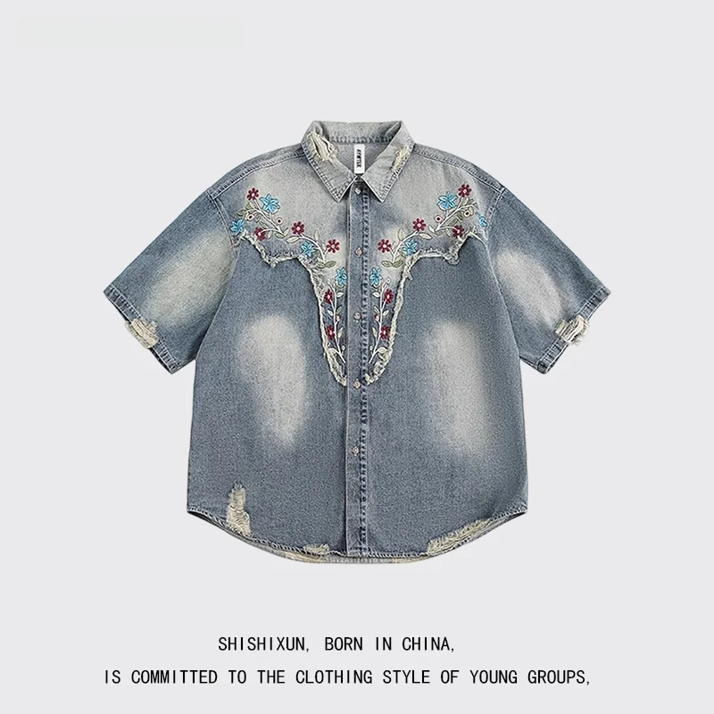 

Waed Denim ort Sve irt Men Women Summer Design Sensation Floral Embroidery Casual Loose Fit No Ironing Required