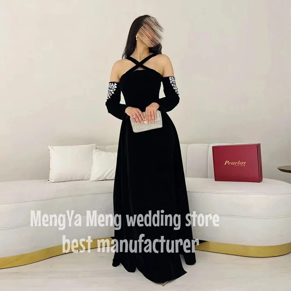 

Customized Black A-Line Prom Dresses Floor-Length V-Neck Full Sleeve Evening Gown Fashion Crystal Side Split Draped Party Gown