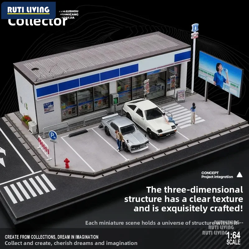 Miniature Scene 1/64 Diorama Simulation Convenience Store Parking Lot Model Garage With light Landscape Street Decor Car Display