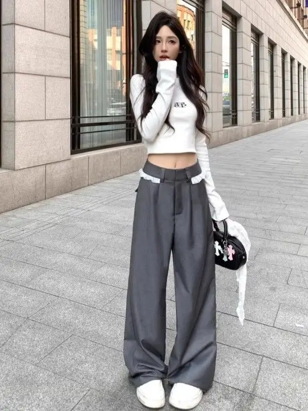 Pantalones de traje informales Retro elegantes de gama alta para mujer primavera nueva cintura alta encaje hasta el suelo rectos