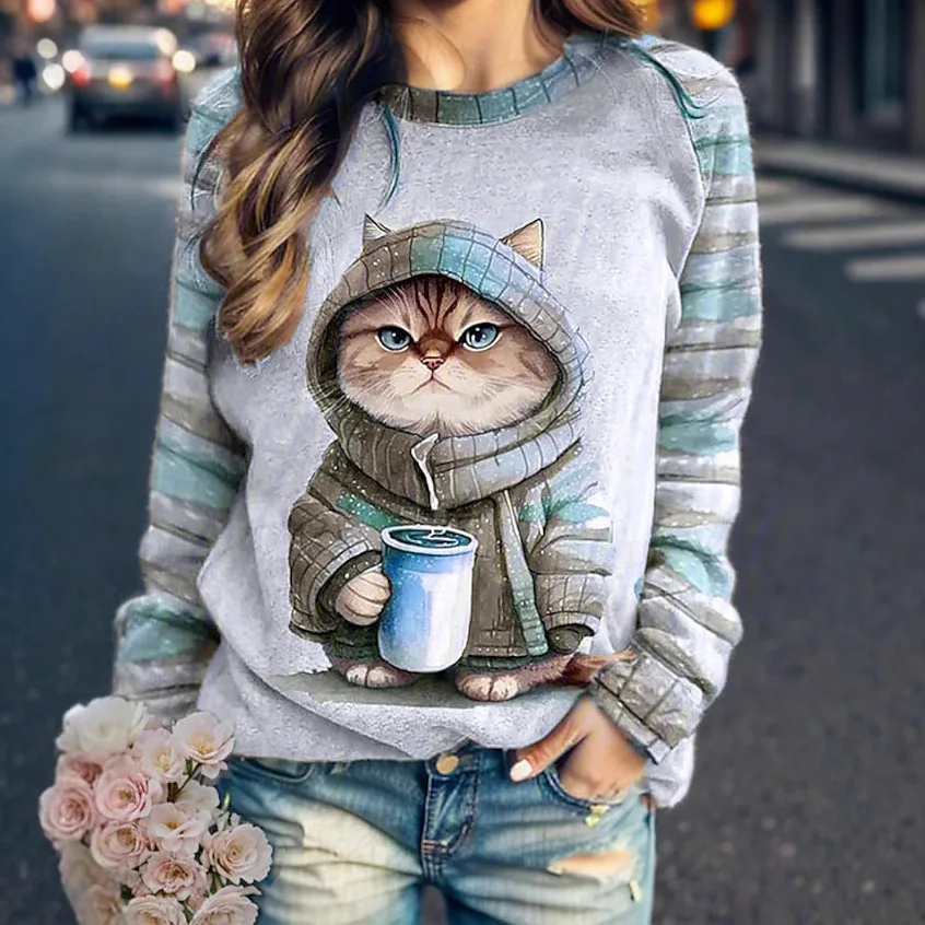 Women\'s round neck hoodie animal cat 3D printed shoulder style autumn and winter European and American T-shirt women\'s clothing