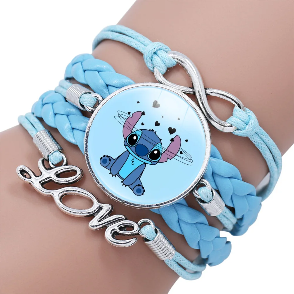 Disney Stitch Cartoon Leather Bracelet Blue Classic Braided Rope Chain Handmade Bracelets for Kids Jewelry Adjustable Bracelet