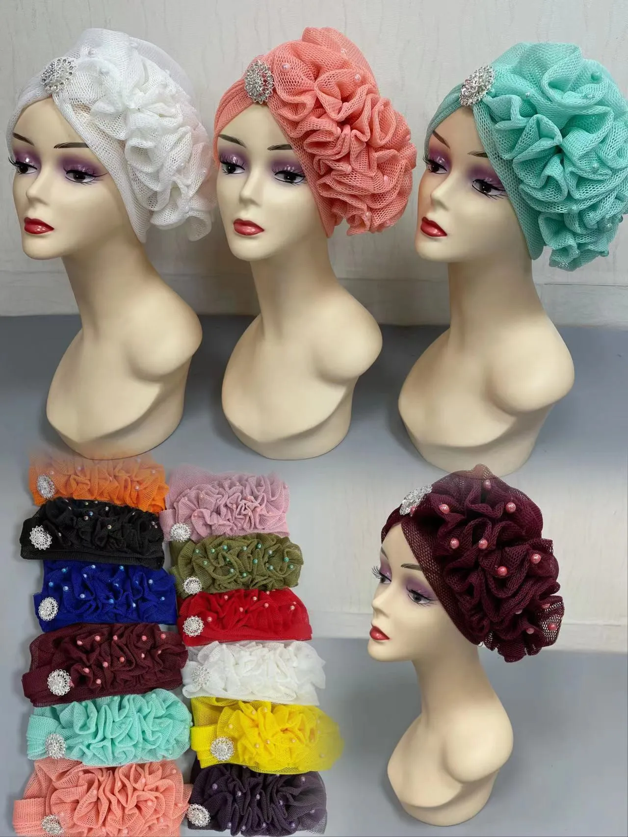 

Women Party Pearl Beading Tulle Net Turban Hat Fashion Cap Head Wrap Mesh Twist Cap Beanie Hijab Caps Headwear 12 Pcs/pack