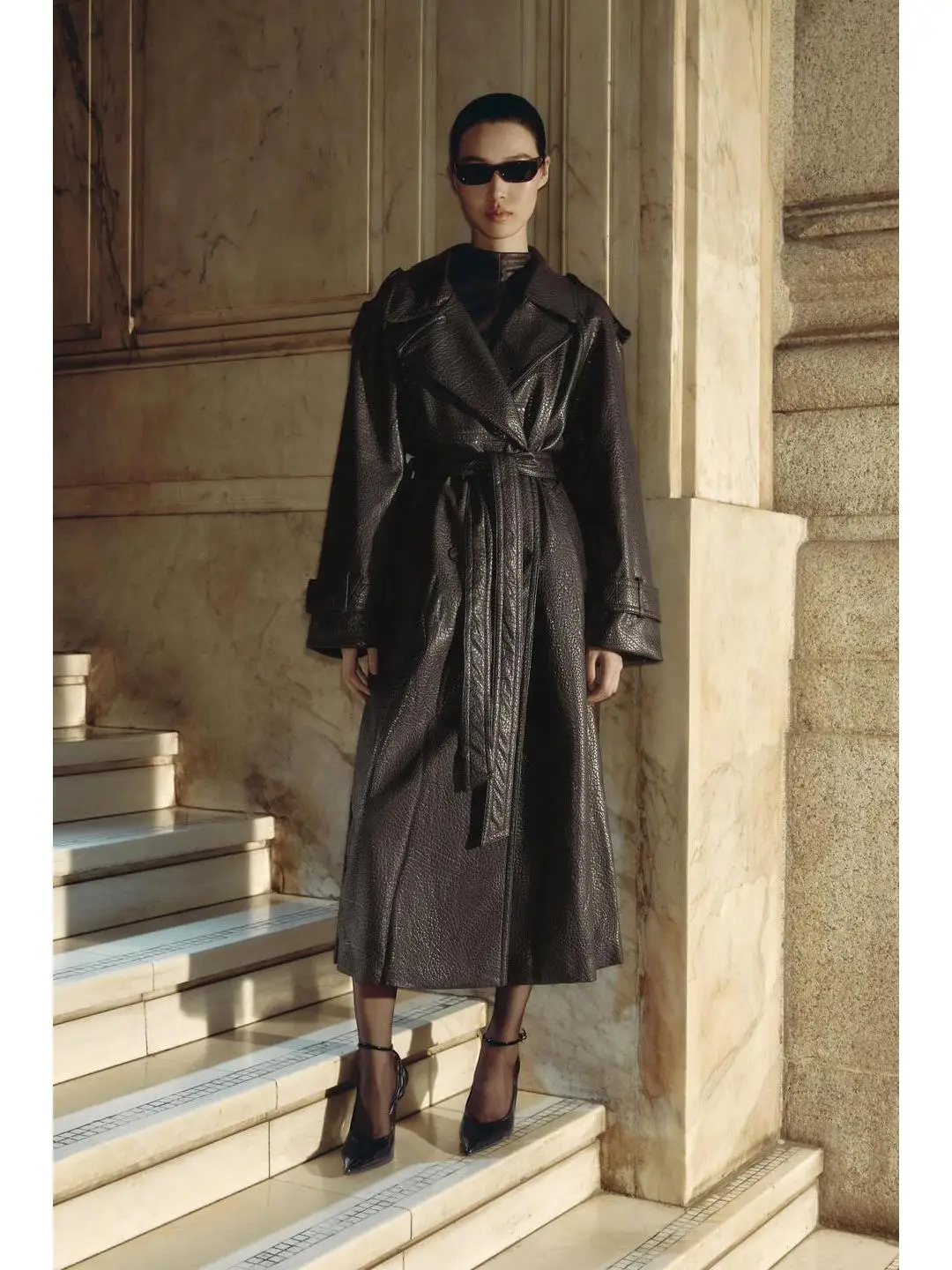 Autumn Faion Belt Decorative Double Flap Button Closure Faux Leather Effect Coat Outerwear Long Sle for Young Women