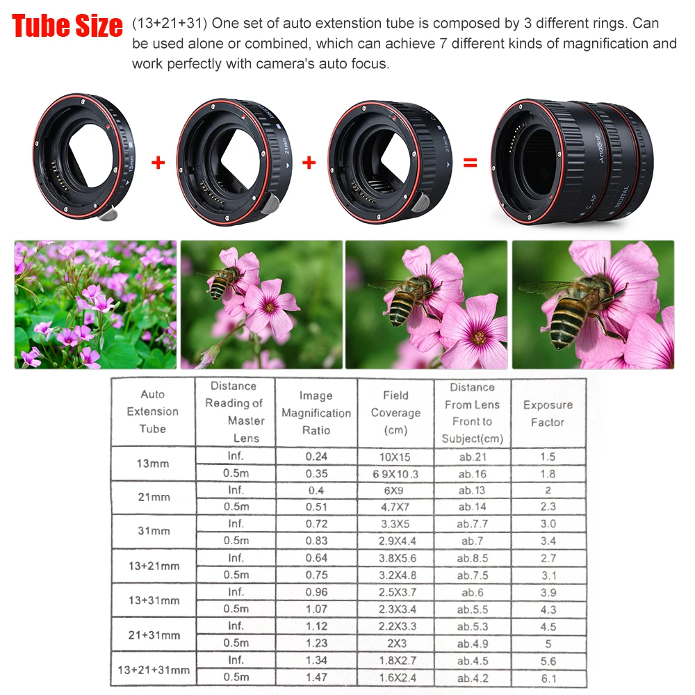 Andoer Macro Extension Tube Rings 13mm 21mm 31mm AF for Camera Body and Lens of 35mm SLR for Canon all EF and EF-S Lenses