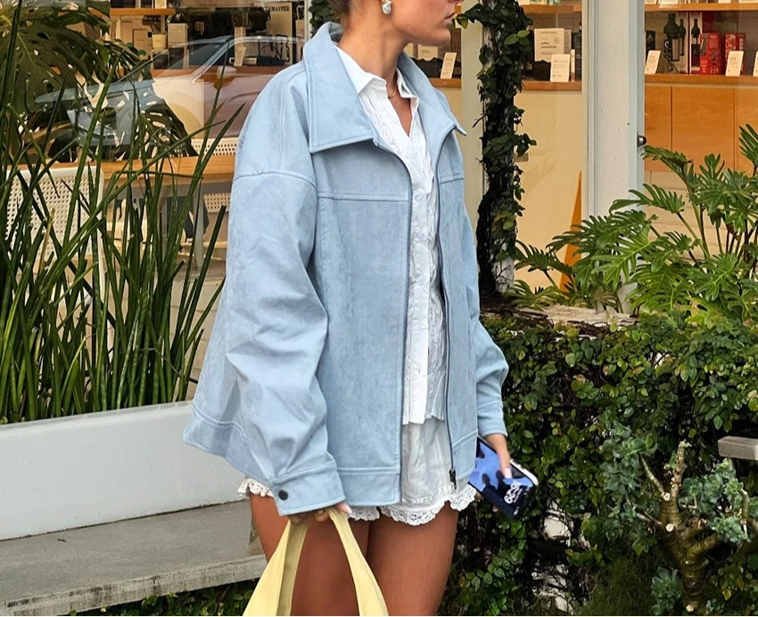 

All-match Casual Blue Suede Jacket for Women 2025 Winter Fashion Loose Lapel Jacket Top