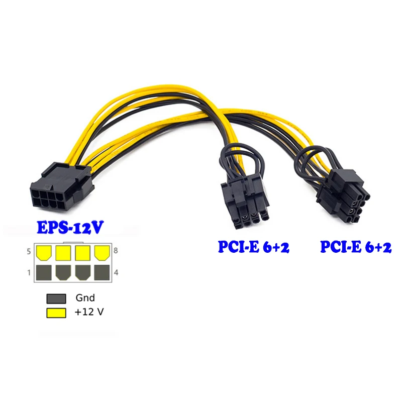 1 إلى 2 EPS وحدة المعالجة المركزية 12 فولت 8 دبوس إلى المزدوج 8 (6 + 2) دبوس بطاقة الرسومات PCI Express تمديد الطاقة مهائي كابلات كابل التعدين بطاقة 20 سنتيمتر