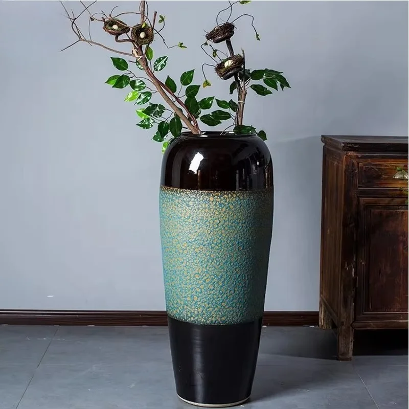 Retro coarse pottery floor vase window decoration hotel villa flower pot big pottery three-piece handicraft ceramics
