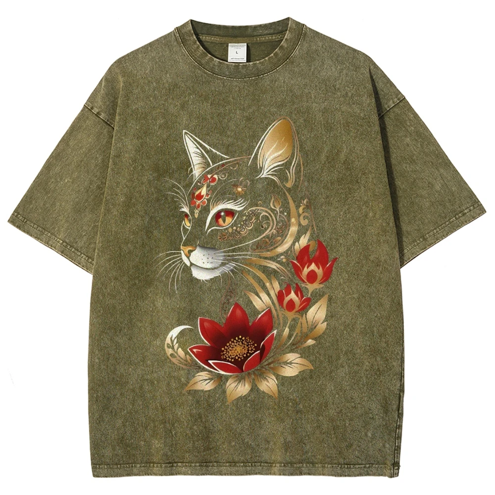 Koszulka Graficzna Ozdobny Kot Kwiatowy Złoty Nadruk Artystyczne Zwierzę Czysta Bawełna Codzienna Odzież Modny Boho Design Y2k Atmosfera Tee