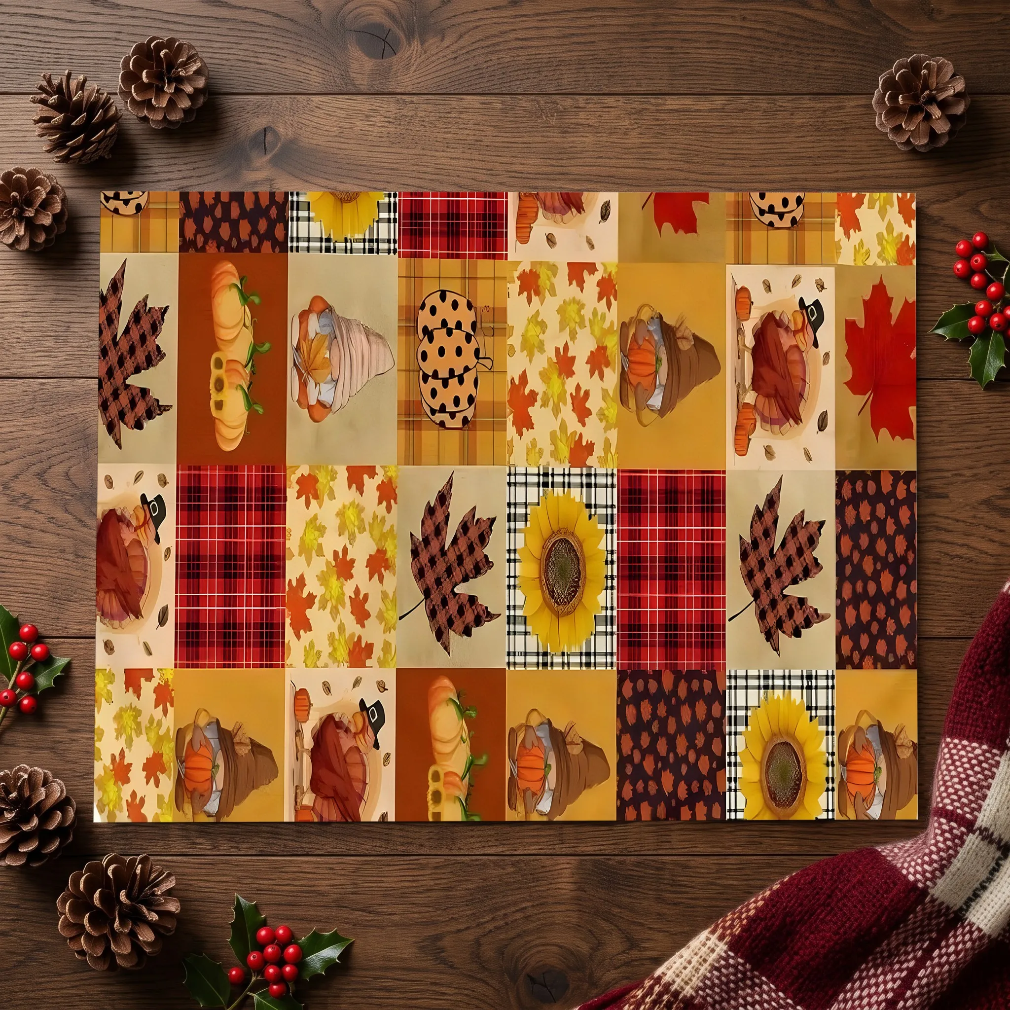 Maple Leaf Pumpkin and Sunflower Patchwork American Country Thanksgiving Velvet Rug for Living Room, Bedroom and Entryway, Warm