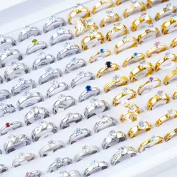 30Pcs/Lot Classic Female Rhinestone Stainless Steel Rings for Wedding Engagement Anniversary Jewelry Accessories Party Gifts