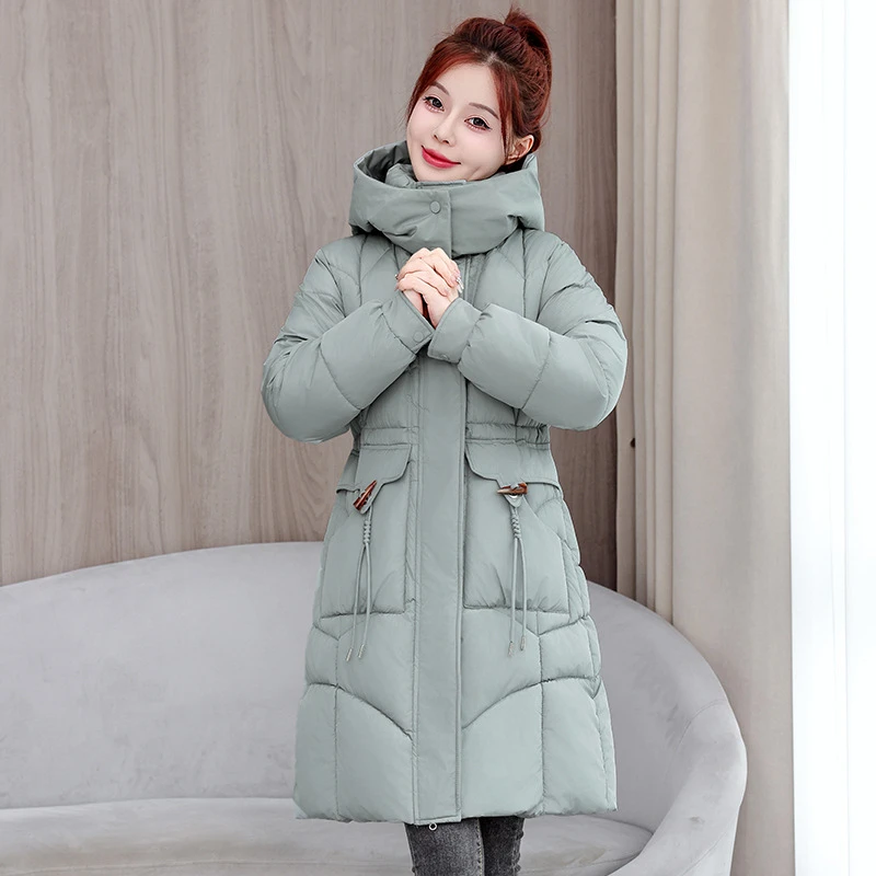 

2025 New Women's Long Parka Coats Winter Down Cotton Padded Jackets Waist Drawstring Medium Long Thick Warm Slim Hooded Outwear