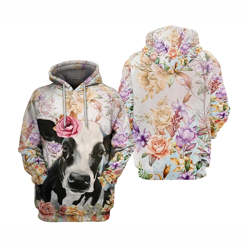 Flower And Cow Pattern Hoodie Women Men Oversized Hooded Coat Funny 3D Print Pattern Casual Fashion Cute Animal 2025 New Hoodies