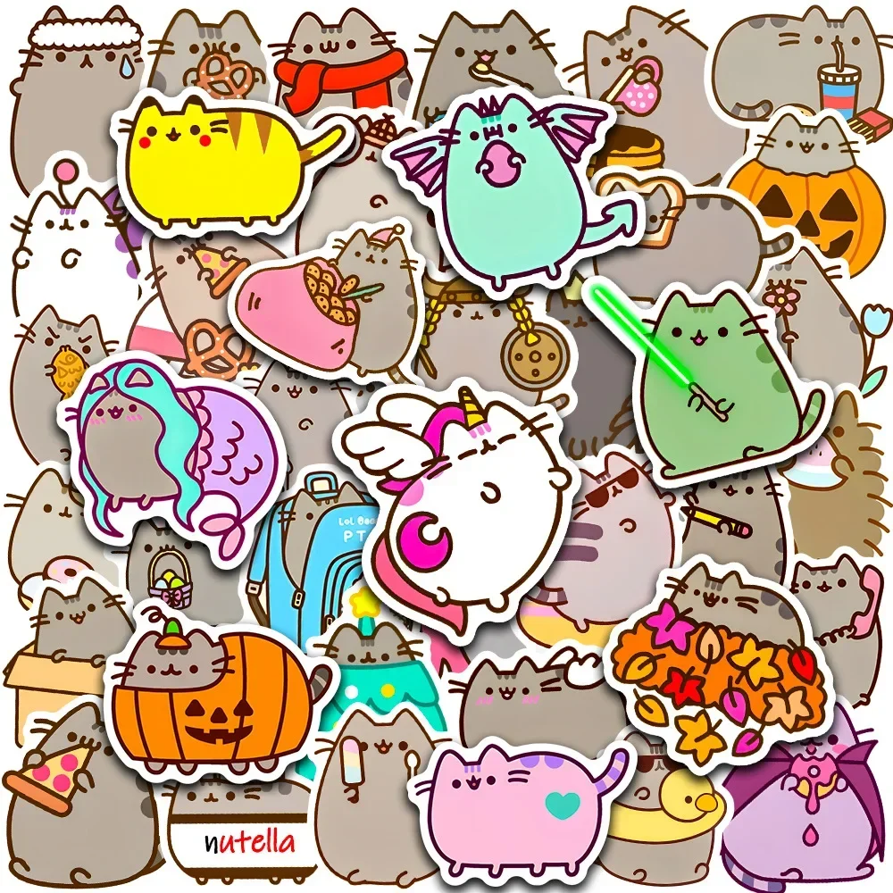 Pusheen-pegatinas decorativas de dibujos animados para ordenador portátil, pegatinas de grafiti impermeables para Ipad, taza de agua, 50/150