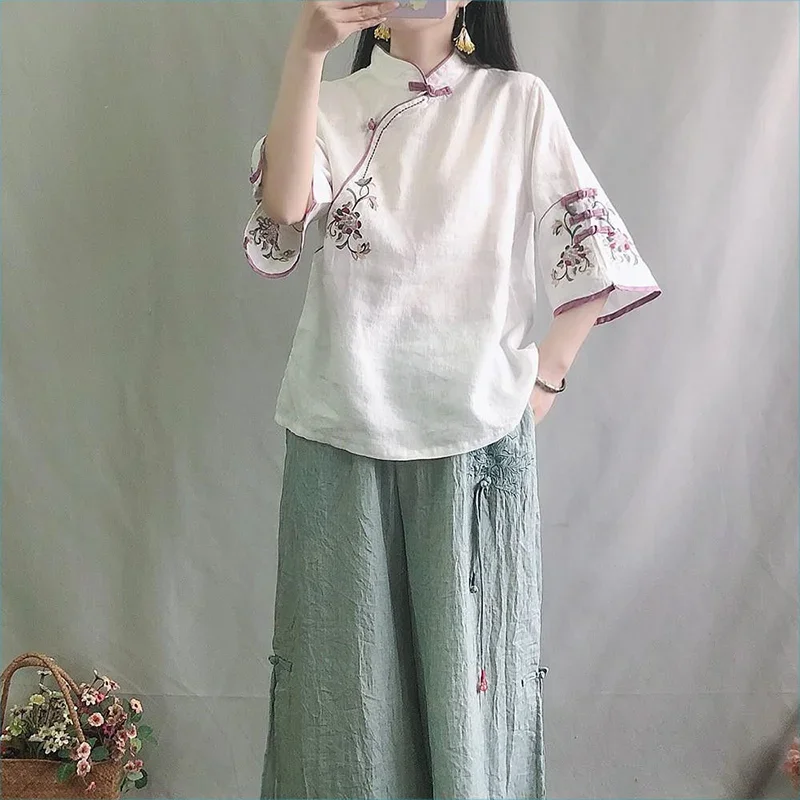 Multicolor Seven Quarter Ladies\' Cotton Linen Shirt Blouse Chinese Traditional Women\'s Formal Top Ttang Costume Hanfu E920