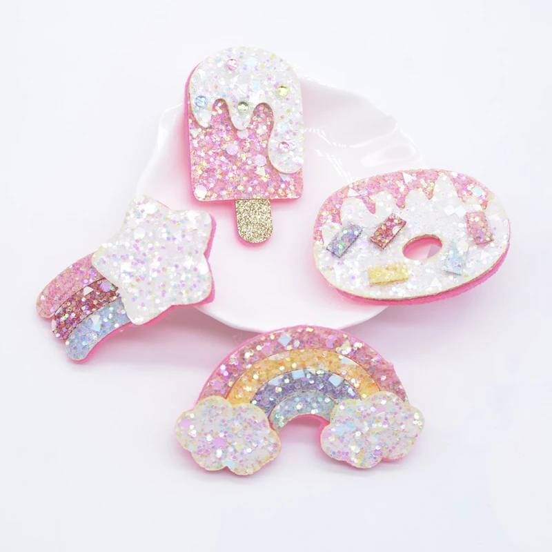 8Pcs Glitter Leather Meteor Rainbow Ice Cream Doughnut Applique for DIY Clothes Hat Headwear Hair Clips Bow Decor Accessories