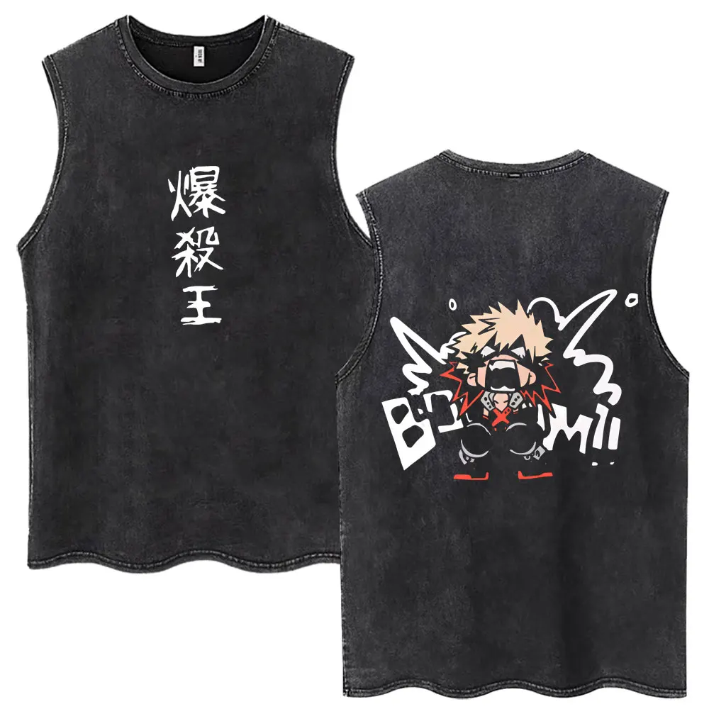 Washed Vintage Anime My Hero Academia Bakugou Katsuki Tank Tops Men's Harajuku Vests Casual Cotton Male Sleeveless T-shirts Male