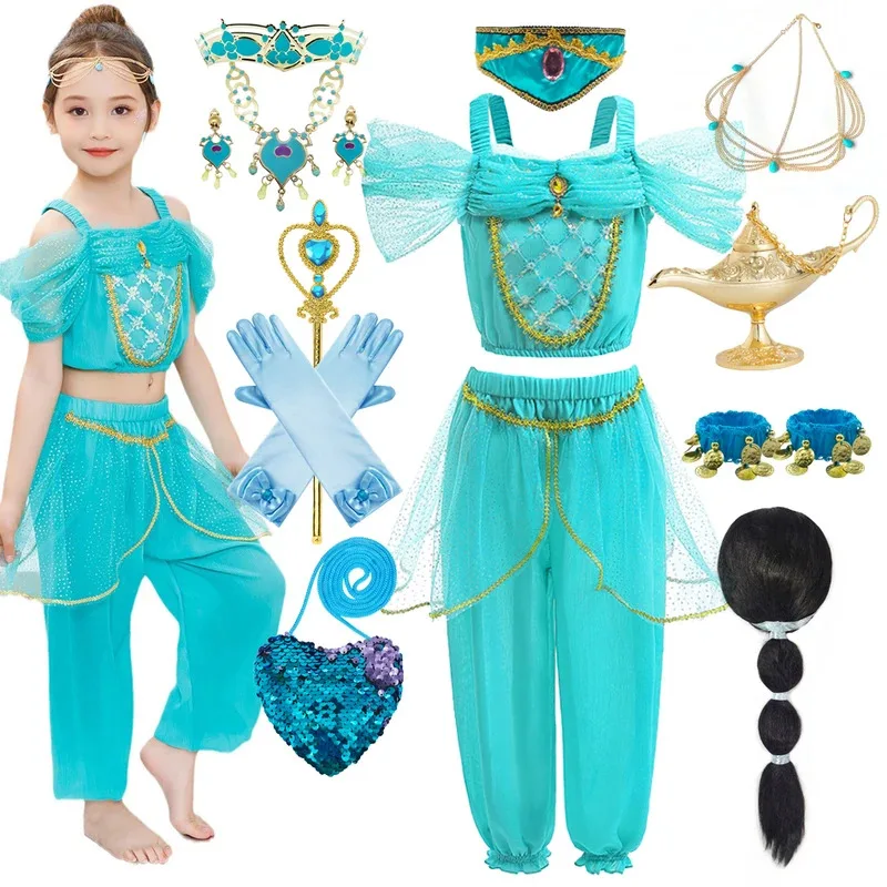 

Girls Jasmine Dress Magic Lamp Carnival Party Princess Clothing Vestidos Halloween Birthday Party Cosplay Aladdin Costume