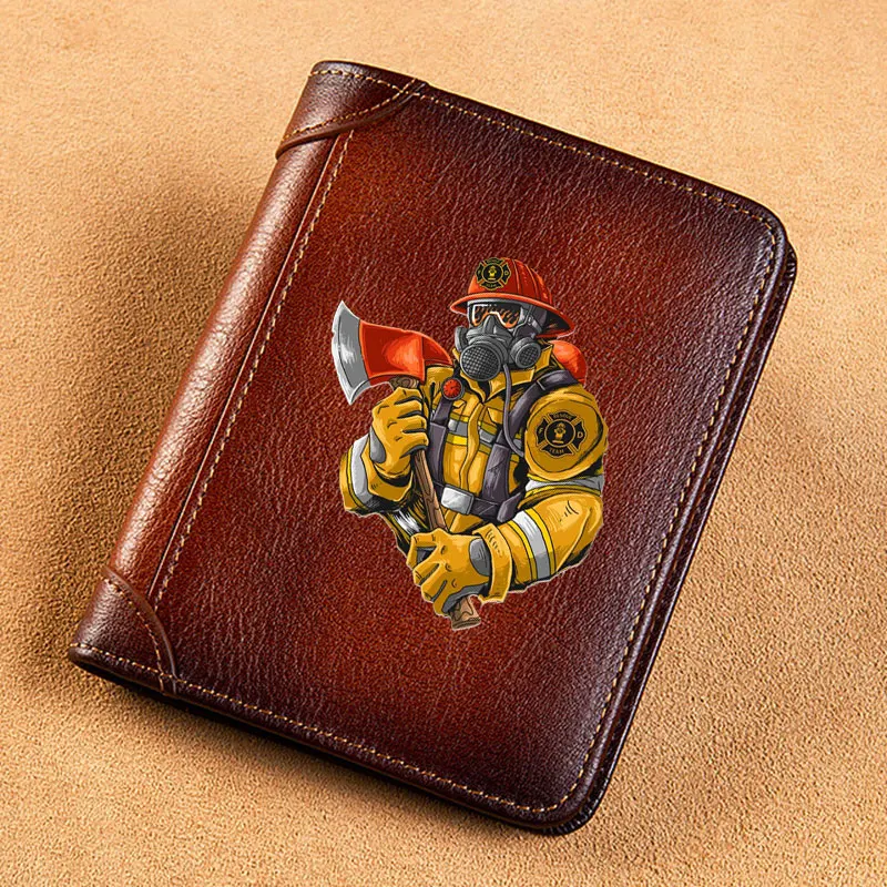 High Quality Genuine Leather Wallet Brave Firemen Fire Rescue Printing Card Holder Male Short Purses BK950