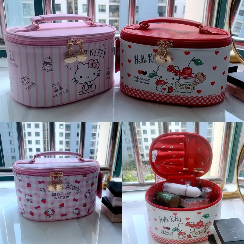 Sanrio Hello Kitty Makeup Bag Kawaii Anime Portable Handbag Cute Bow Pu Waterproof Cosmetic Cases Largecapacity Wash Storage Bag