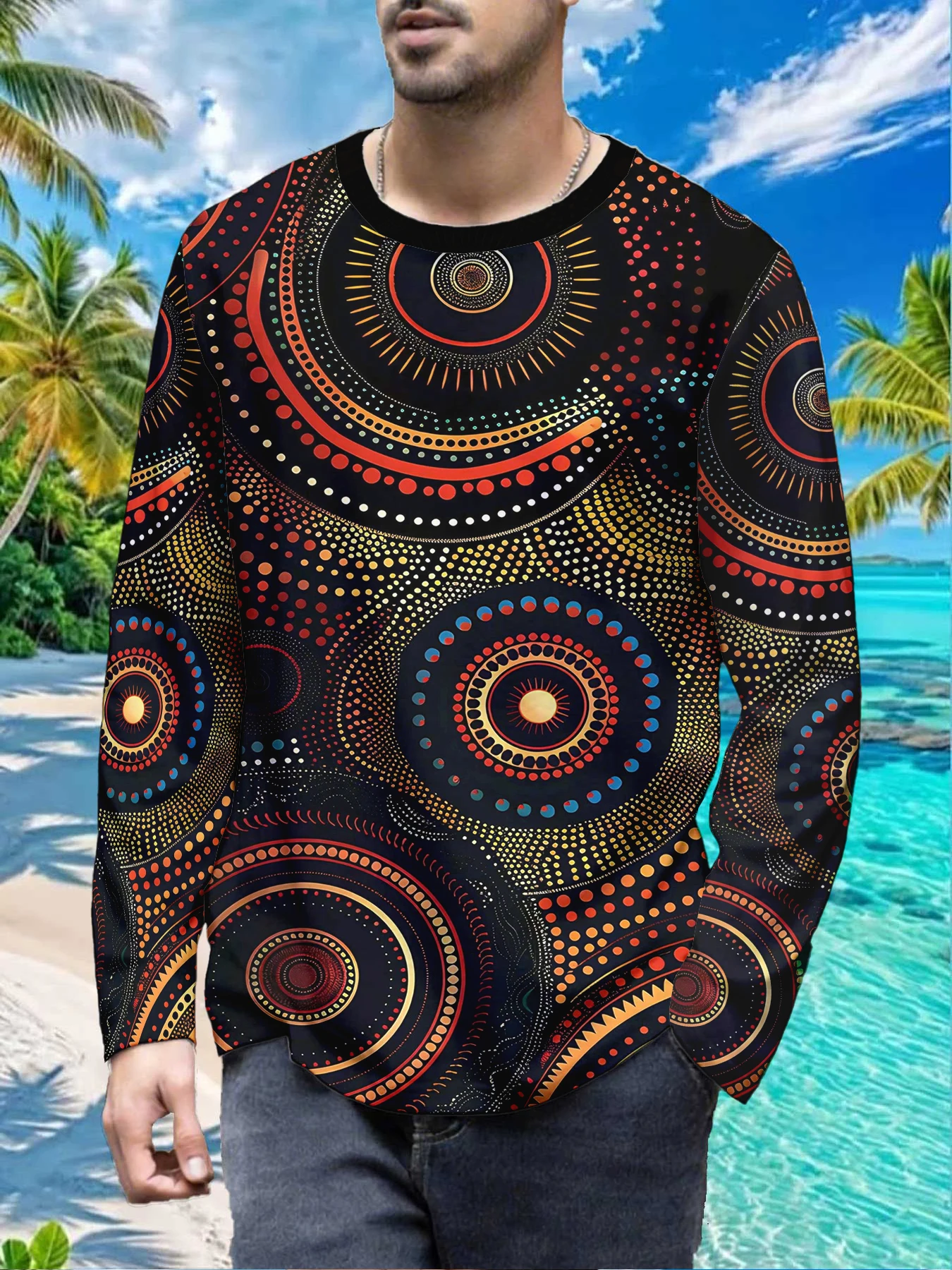 Aboriginal Dot Art Ethnic Tribal Indigenous Mens Polyester Long Sleeve T Shirt Australian Traditional Pattern Print Graphic Tee