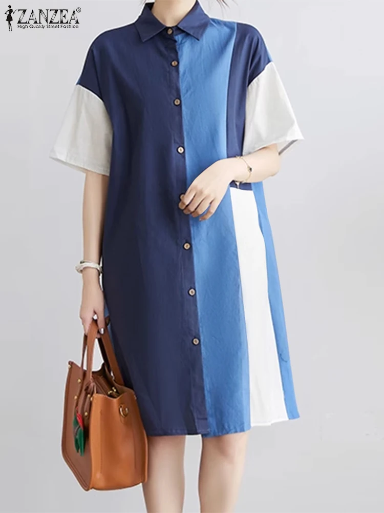 

ZANZEA Women Colorblock Shirt Dress 2024 Summer Holiday Short Sleeve Robe Casual Loose Lapel Collar Sundress Bohemian Knee Dress