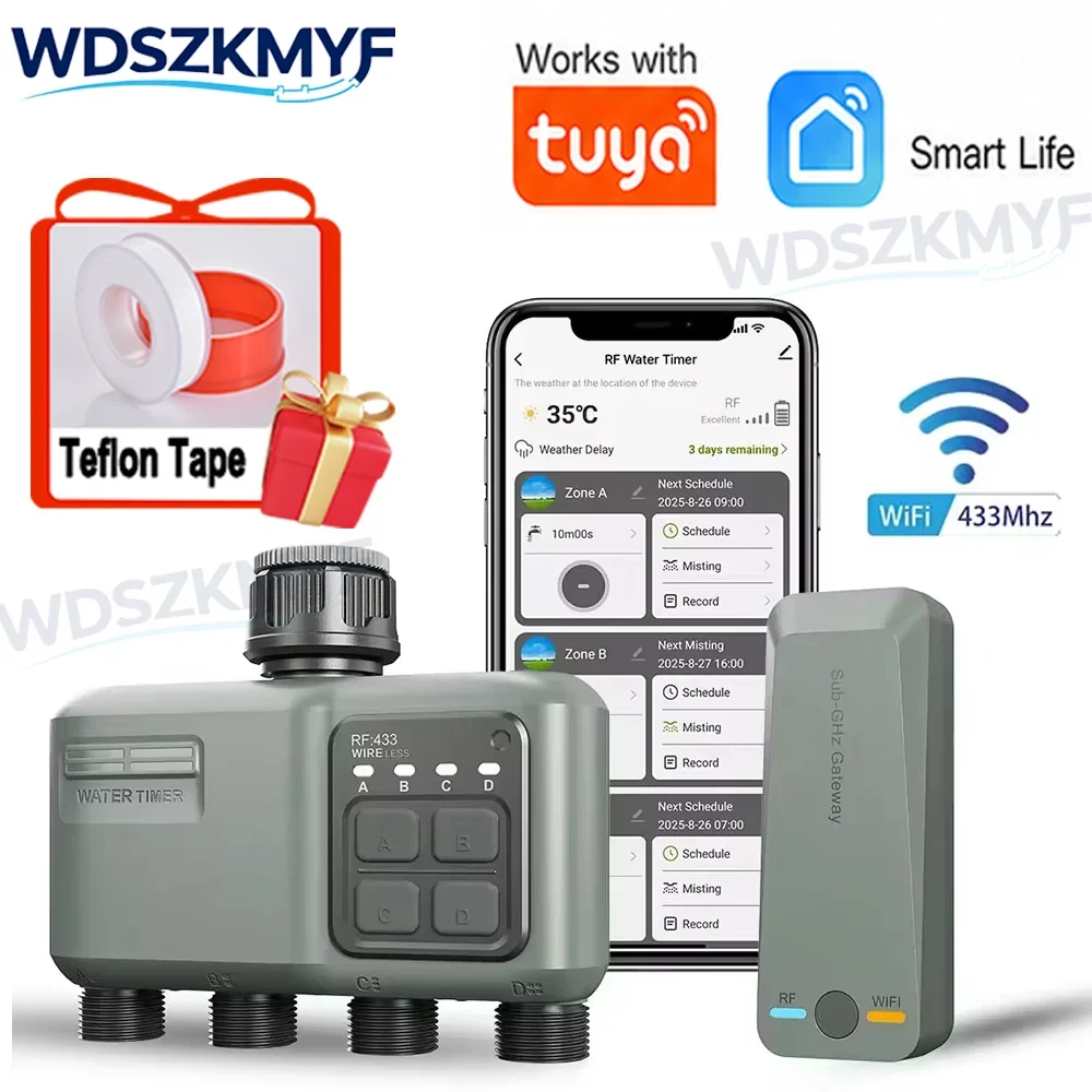 WiFi RF433 Smart Garden Sprinkler Water Timer 4 Outlet Automatic Irrigation Controller Programmable Watering Timer Waterproof