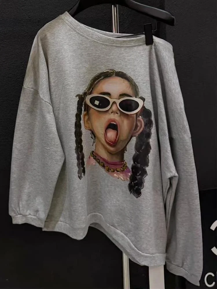 Sweat à capuche long décontracté et ample pour femme, imprimé dessin animé, style Dongda Gate, nouvelle collection automne, épaules tombantes