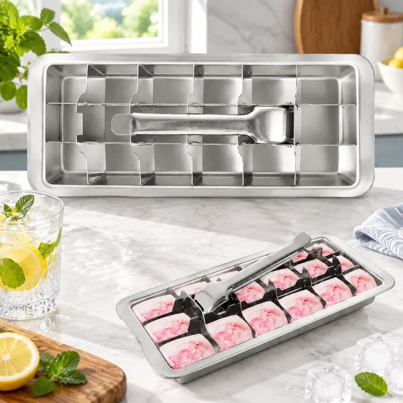 18-Section Stainless Steel Ice Tray with Detachable Metal Mold for Homemade Cubes, Ideal for Everyday and Party Use
