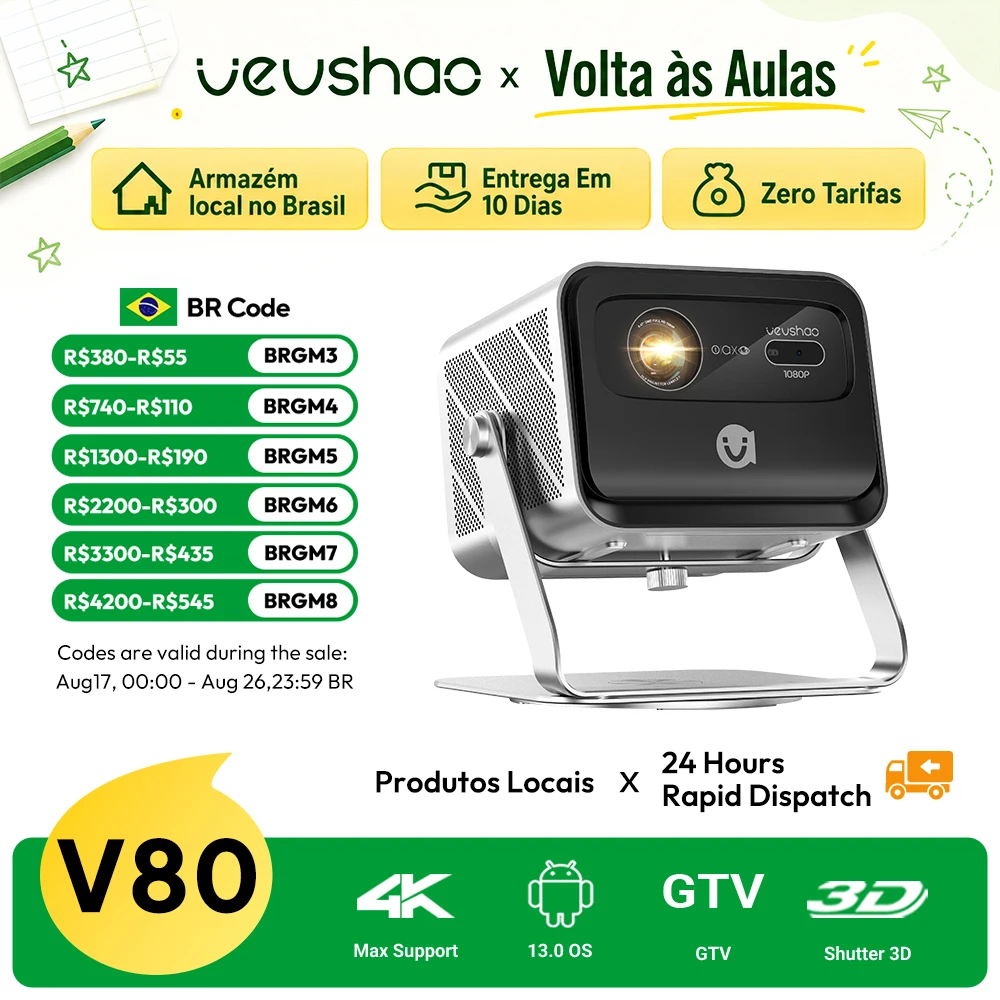 Vevshao v80 4k projetor completo hd1080p 2200 ânis lumens android 11.0 wifi 6 projetores de cinema em casa de vídeo com suporte base