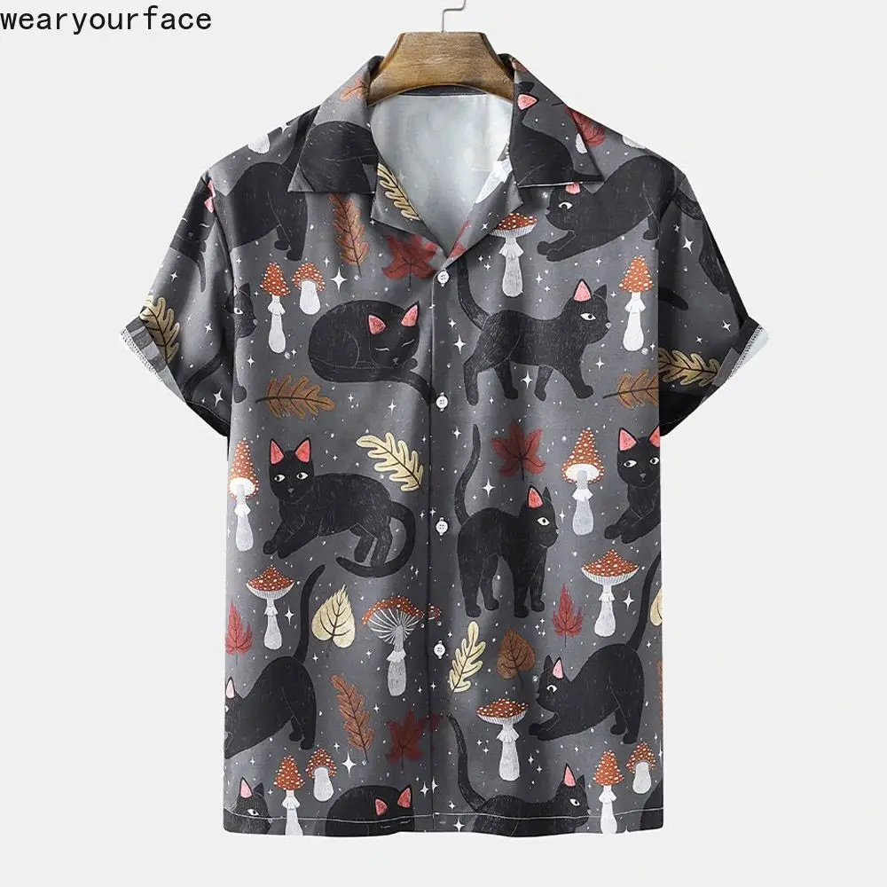 

Black Cute Cats Printed Summer Hawaiian Casual Button Up Shirts Streetwear Vacation Beach Sports Short Sleeve Men Women Clothing