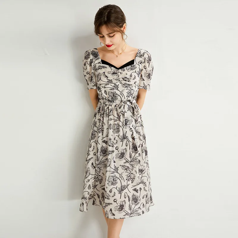 Natural Silk Dress for Women, Square Collar, Laced Up, Slim Waist, Mulberry Silk, Short Sleeves, Printing Midi Dress, FS2319-2