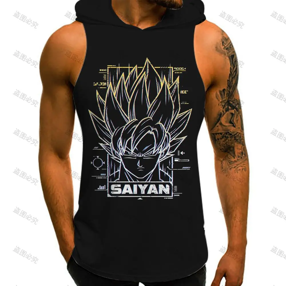 Men Tank Top Trend Vest With Hood Men's Clothes New Dragon Ball Z Sleeveless Shirts Y2k Gym T-shirts Tops Super Saiya Goku Anime