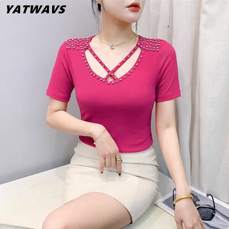 New Arrivals Women's V-Neck Short Sleeve T-Shirt Slim Chic Stylish Casual Mesh Tops Summer Shiny Hollow Out Diamonds Tees Shirts