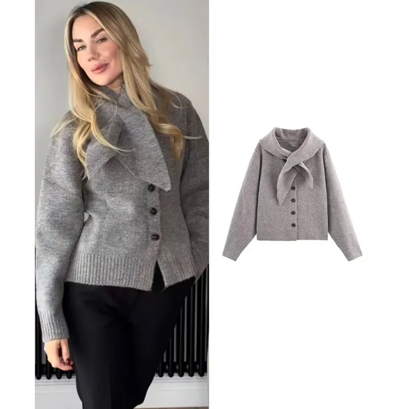 

Autumn Scarf Embellished Knitted Jacket Woman Casual Fashion V-neck Long Sleeved Cardigan Single Breasted Female Sweater