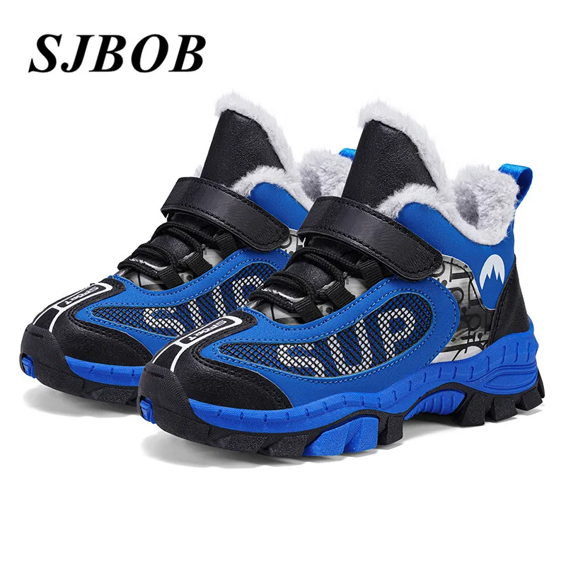 

Blue Plush Warm Kids Hiking Boots High Top Hook Loop Boy Trekking Shoes Comfort Non-Slip Outdoor Sneakers Unisex Sapato Infantil