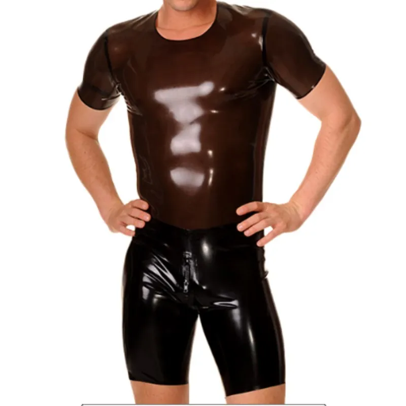 Latex Bodysuits หนัง Bodysuit Zentai ชุดยางชุดคอสเพลย์กาแฟเสื้อและกางเกงสีดำ Unisex ปรับแต่ง XXS-XXL