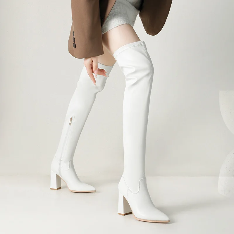 

Женские сапоги выше колена, осенне-зимние кожаные сапоги с острым носком на высоком каблуке с боковой молнией, элегантные модные ботинки для женской вечеринки, клуба