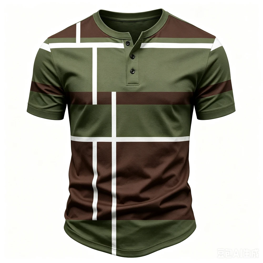 Funny Stripes Splice Print Men's Henry Shirt Fashion Henry Collar Button Tops Casual Loose Short Sleeve Tees Summer Men Clothing