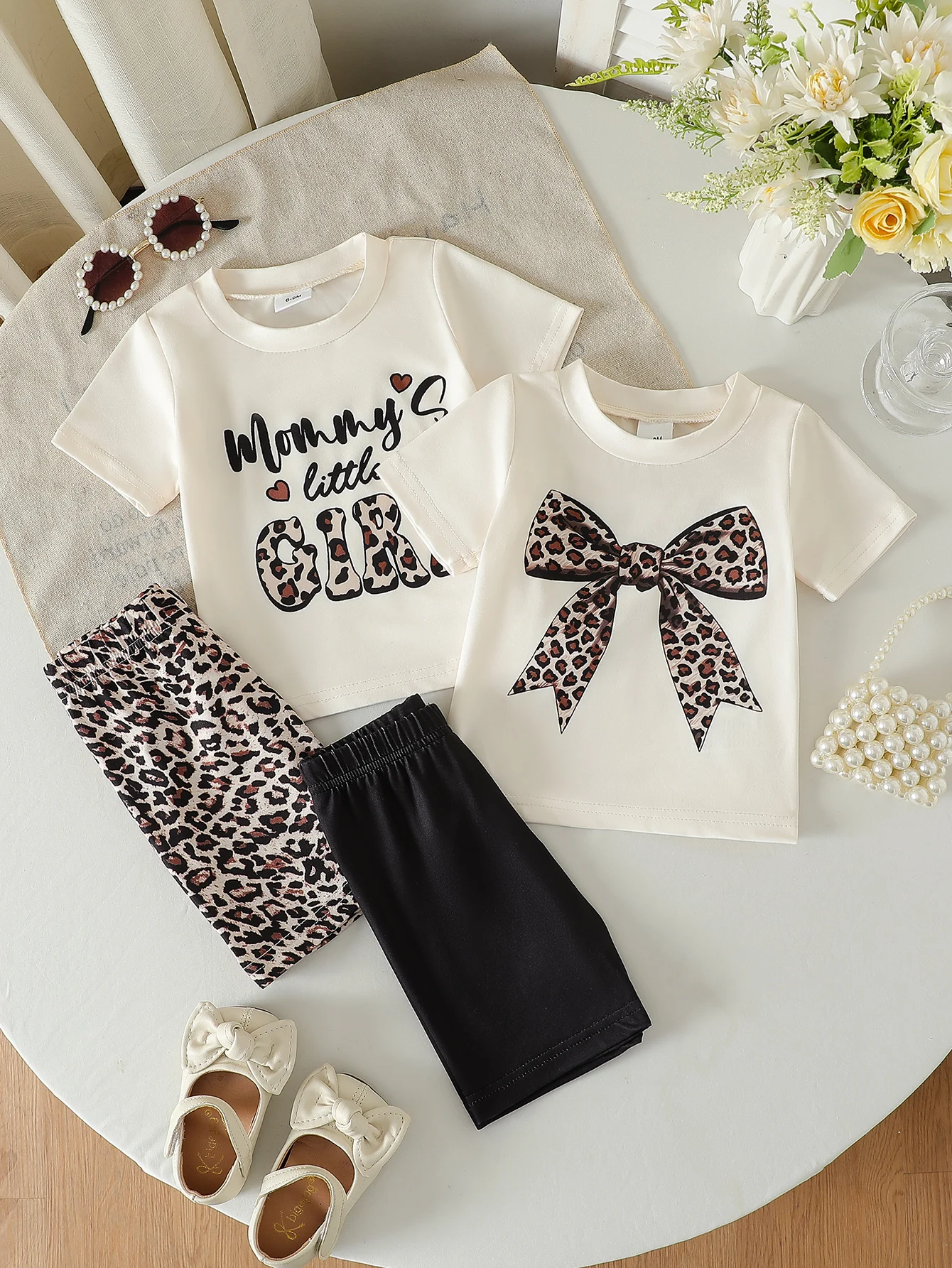 New Arrival Women's Baby Short Sleeve Round Neck Simple Cute Bow Letter Print with Leopard Pattern Solid Color Shorts Two-Piece