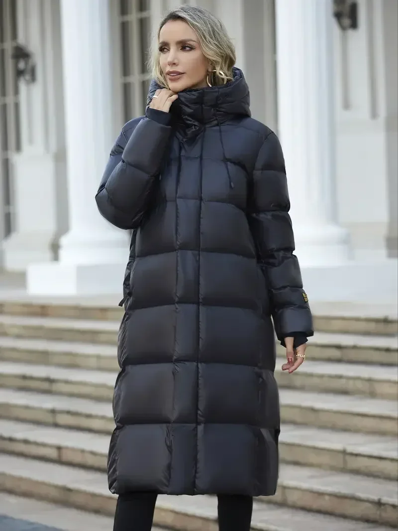 Doudoune longue à capuche pour femme, manteau en coton noir, streetwear chaud, vêtements d'extérieur en plumes, garder l'épaississement, femme, hiver, mode, 2024