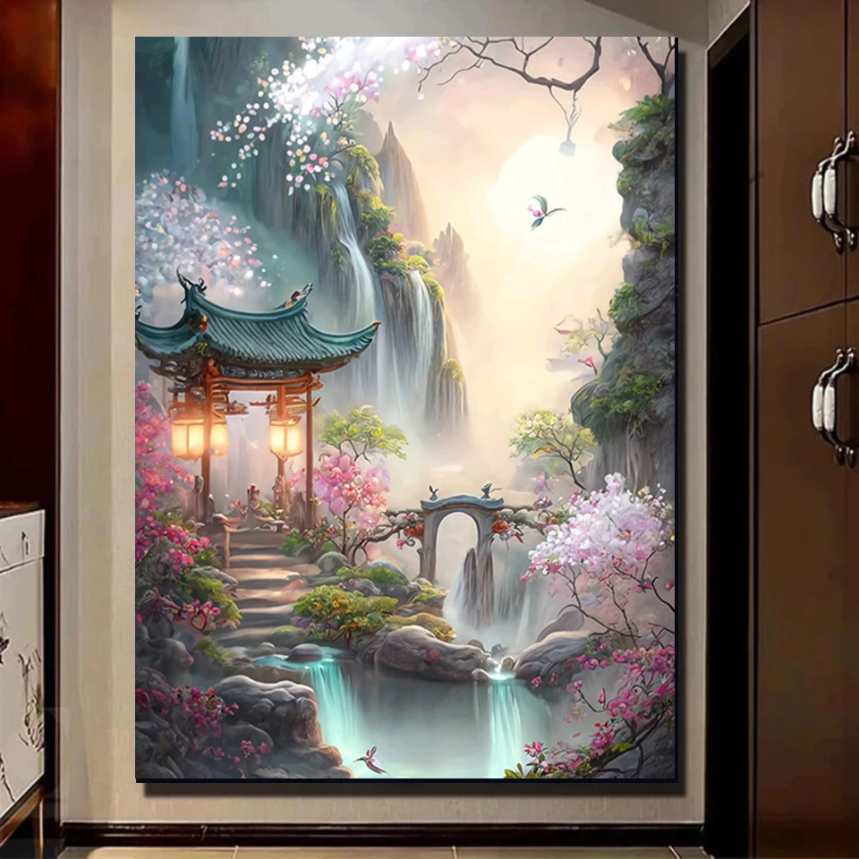 5d Diy Full Drill Diamond Painting New Arrival Waterfall sakura Landscape Embroidery Fantasy Wonderland Cross Stitch Kit Mosaic