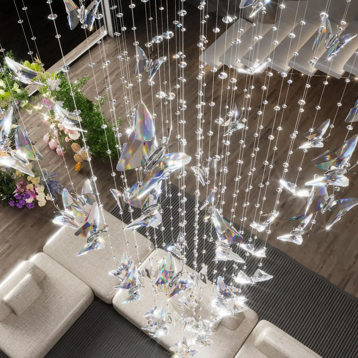 Hotel Lobby Attic Butterfly Crystal Multi-Head Long Chandelier K9 Crystal Staircase Pendant Light Living Room Decor Lighting