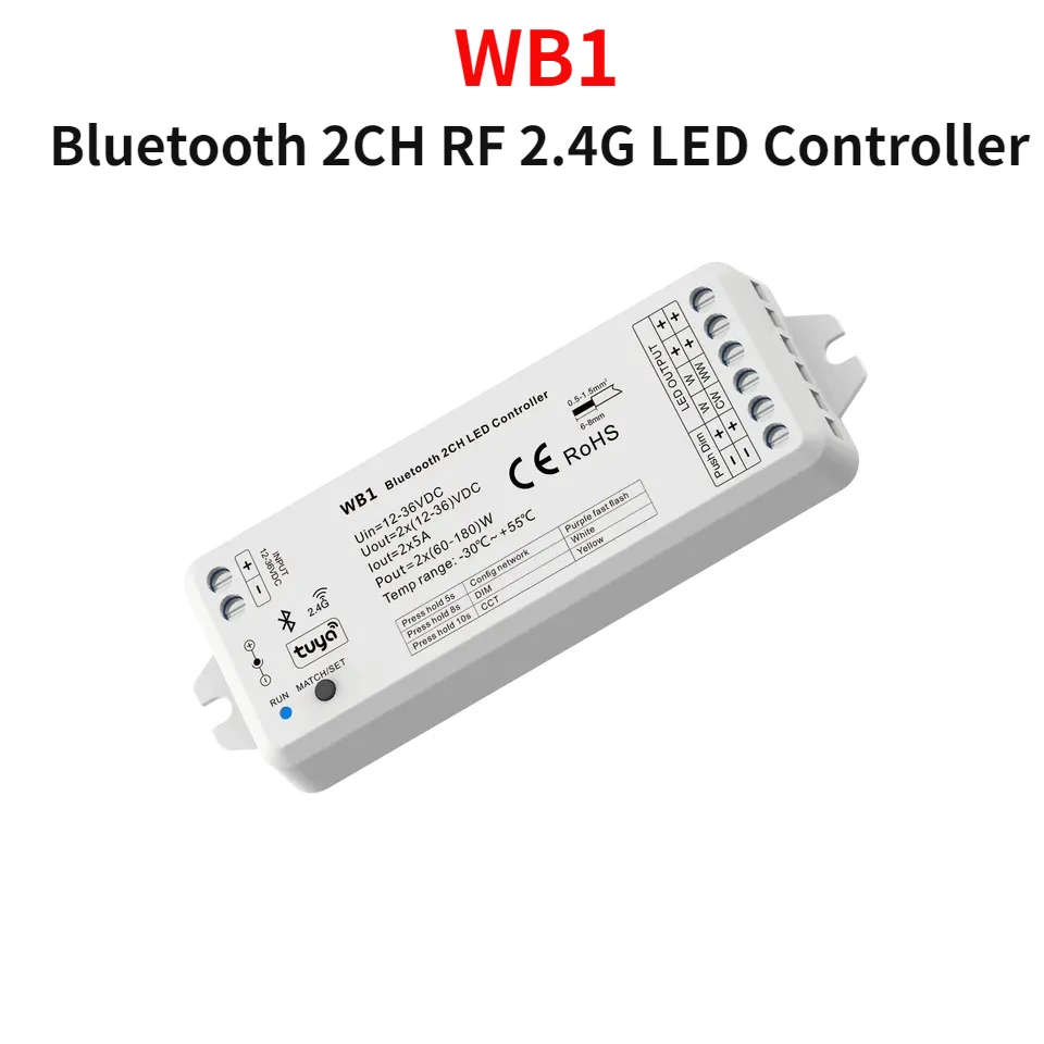 WB1 Bluetooth / WT1 WiFi Smart RF 2.4G Controller 2CH*5A Compatible Tuya APP Voice Control Dimmer for Single Color,CCT LED Strip