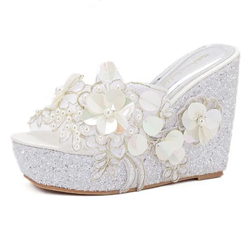 Platform Wedges Slippers High Heels Women\'s Summer Flower Decoration Sandals Fashion Silver Female Casual Gold Shoes Size 34-40