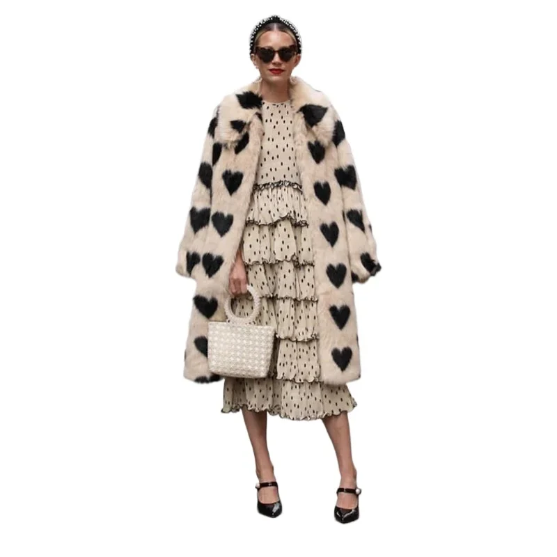 

Lapel Long Faux Fur Coat Women Winter Fluffy Jacket Love Loose Artificial Plush Fur Coat Long Sleeves Furry Overcoat Streetwear